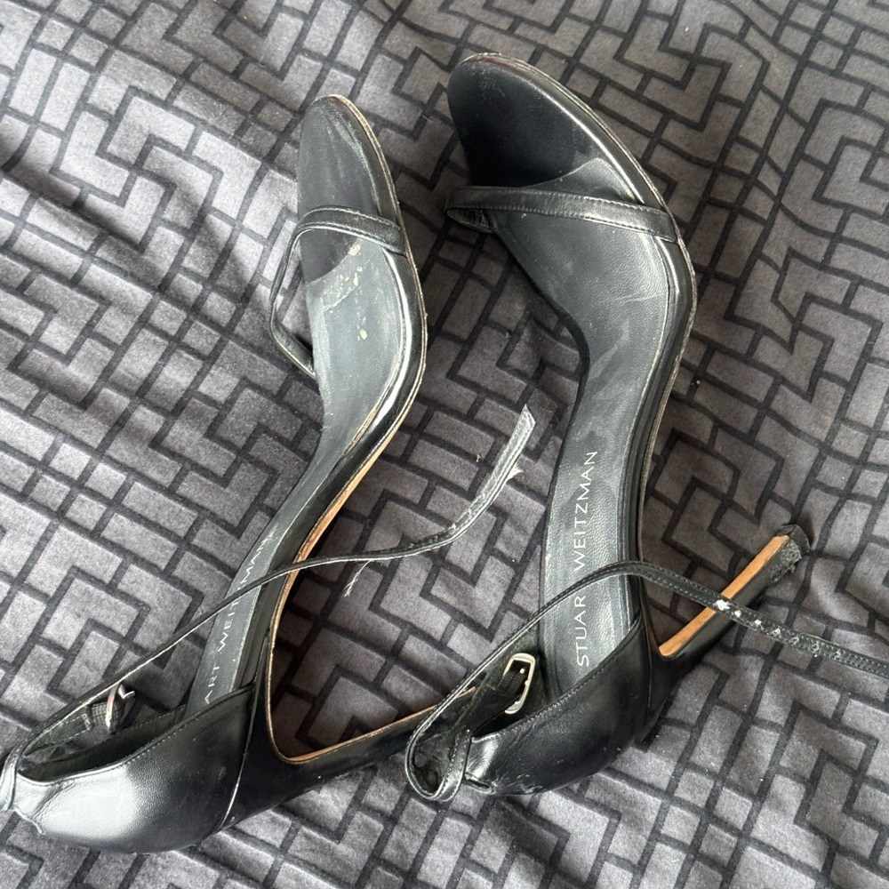 Stuart Weitzman Black leather heeled sandals with Ankle Strap